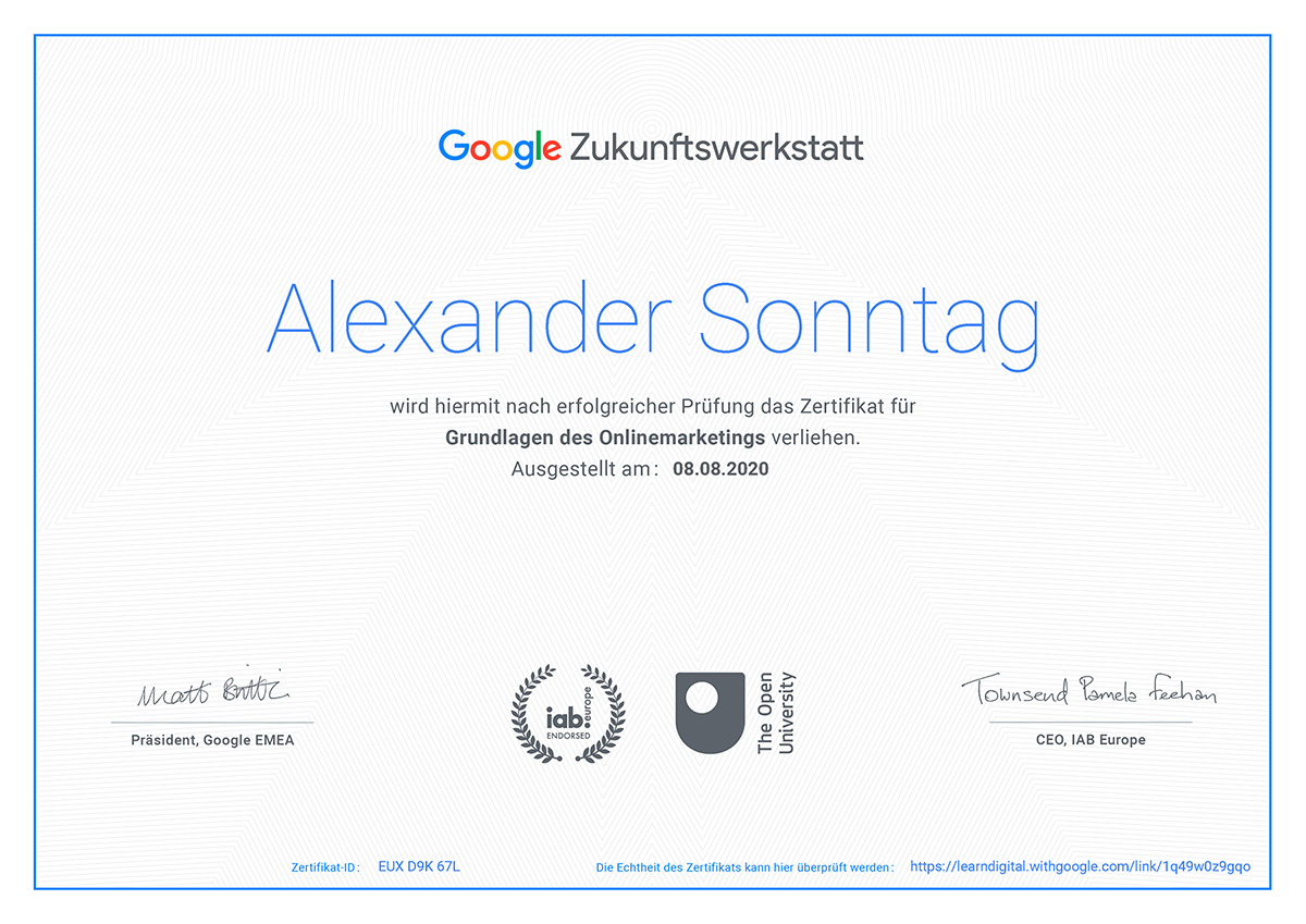 Zertifikat Google Zukunftswerkstatt
